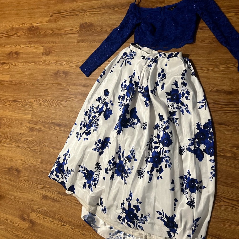 Blue and white sparkle prom dress